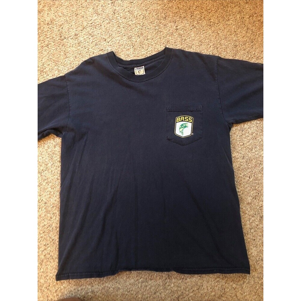 Bass Pro Shops Large T Shirt Blue "Size Matters" Fishing Back Print Pocket